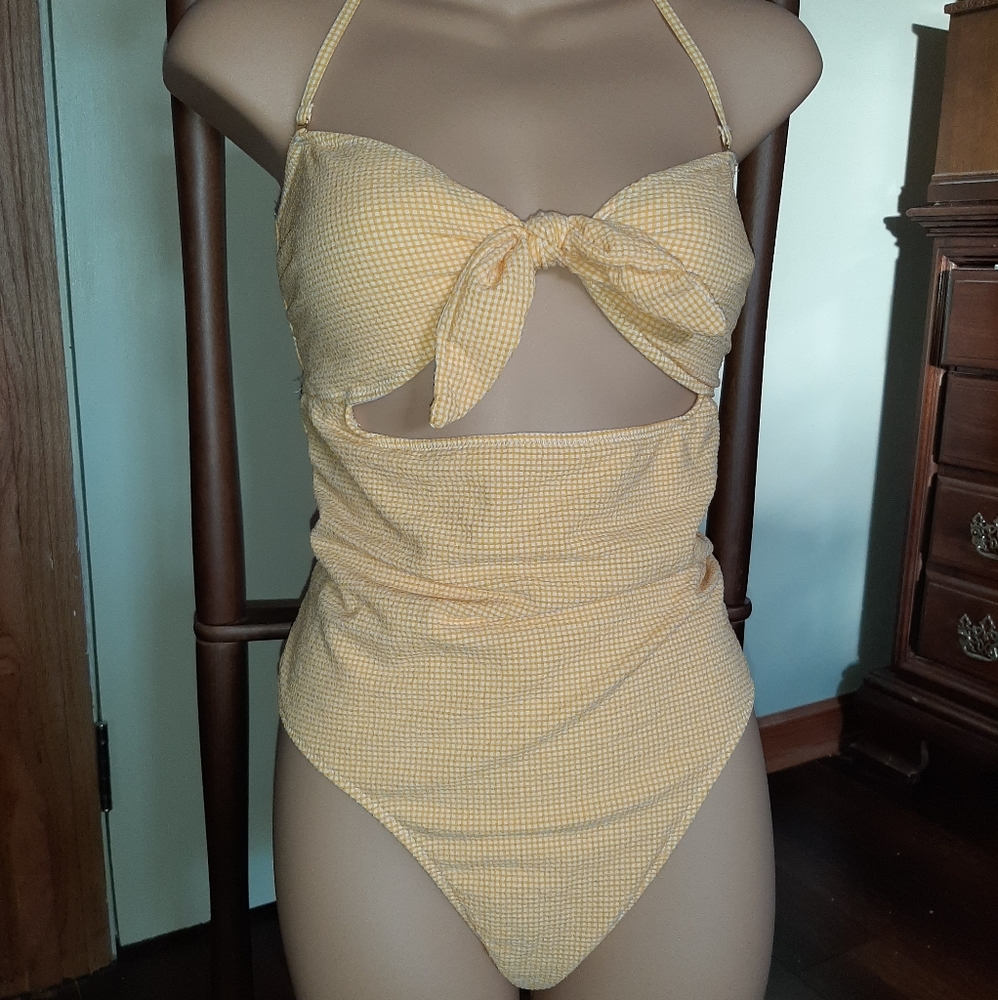 Yellow textured tie front one piece swimsuit